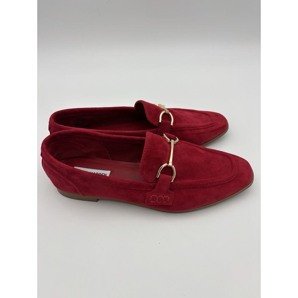 Steve Madden Suede Loafers Bright Red Size 9 Gold Horsebit Flats - Picture 6 of 16